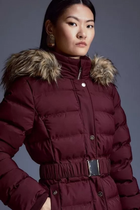 Fashion Karen Millen Heat Seal Puffer Belted Faux Fur Hood Jacket berry