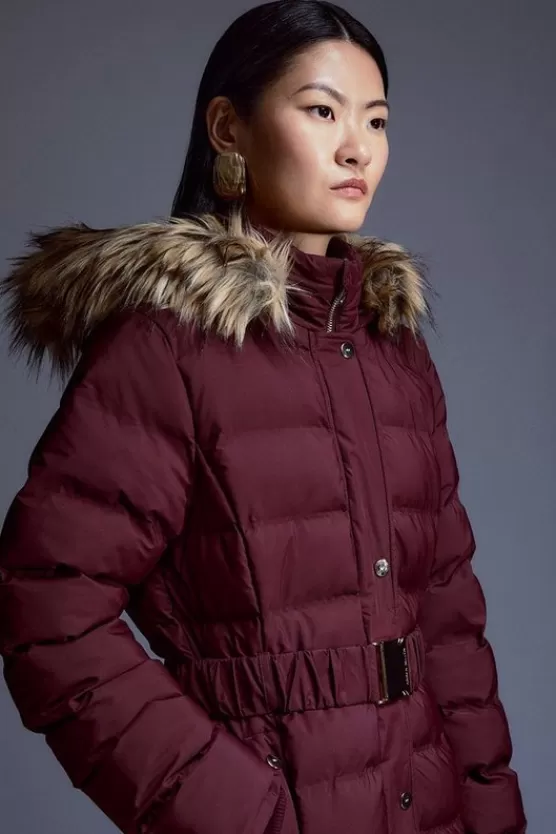 Best Karen Millen Heat Seal Puffer Belted Faux Fur Hood Longline Jacket berry