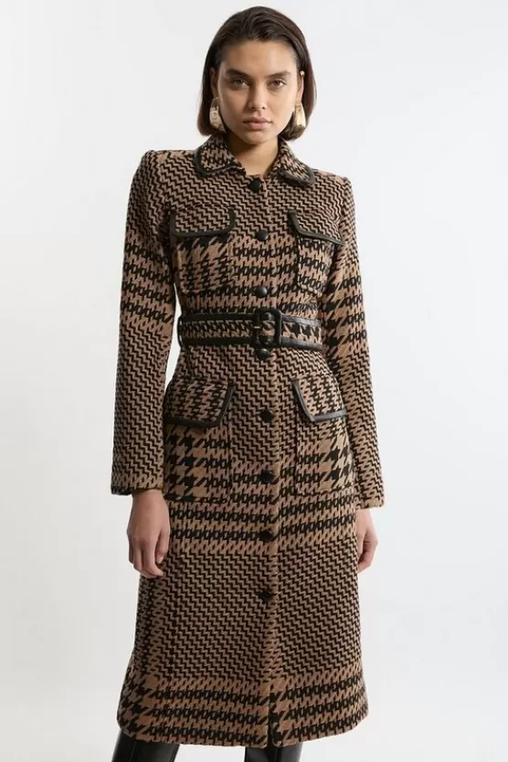 Fashion Karen Millen Houndstooth Check Pocket Detail Belted Pu Tipped Tailored Midaxi Coat multi
