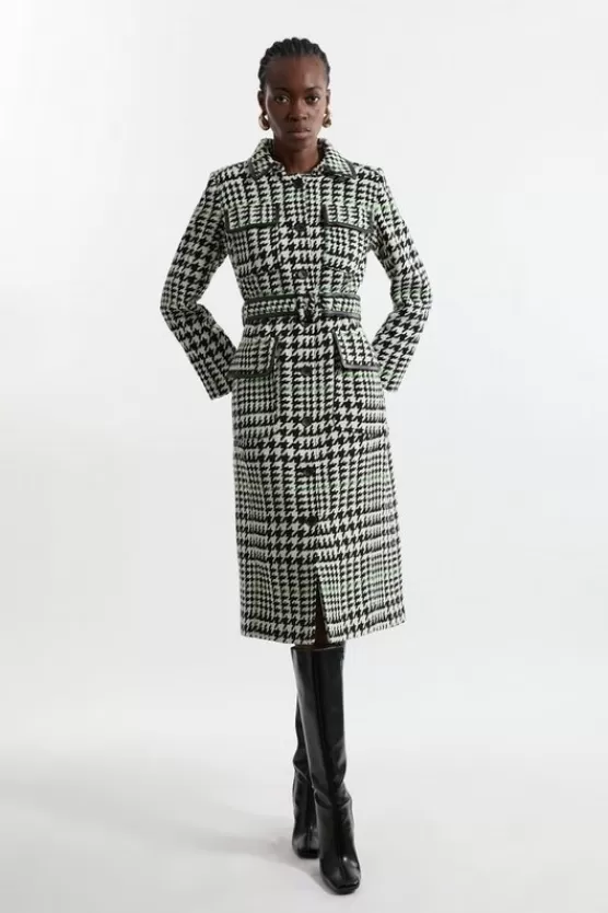 Flash Sale Karen Millen Houndstooth Check Pocket Detail Belted Pu Tipped Tailored Midaxi Coat mono