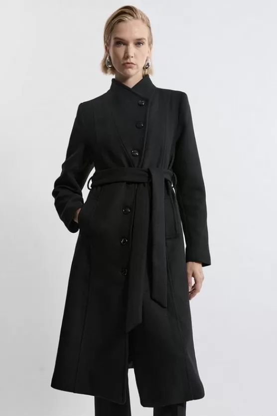 New Karen Millen Italian Manteco Wool Blend Asymmetric Button Belted Tailored Midi Coat black