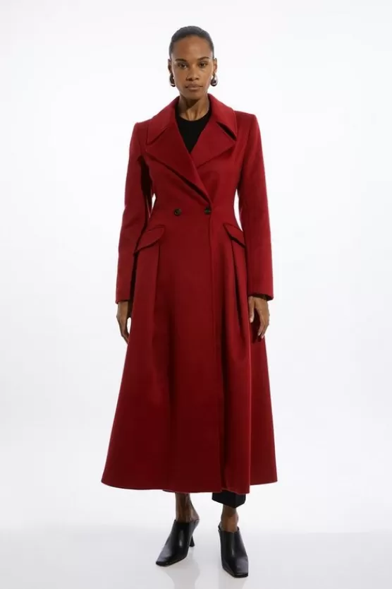 Store Karen Millen Italian Manteco Wool Blend Tailored Flared Skirt Midaxi Coat darkred