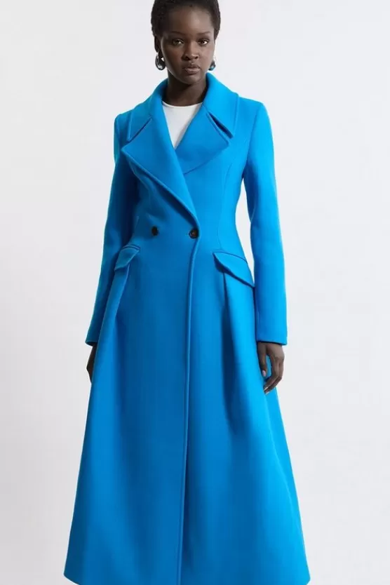 New Karen Millen Italian Manteco Wool Blend Tailored Flared Skirt Midaxi Coat cobalt