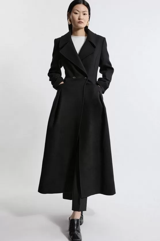 Fashion Karen Millen Italian Manteco Wool Blend Tailored Flared Skirt Midaxi Coat black