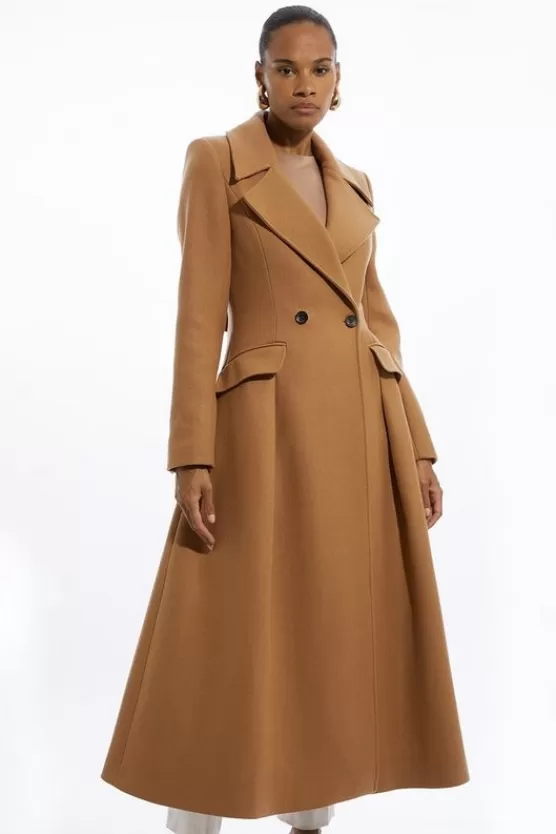 Cheap Karen Millen Italian Manteco Wool Blend Tailored Flared Skirt Midaxi Coat camel