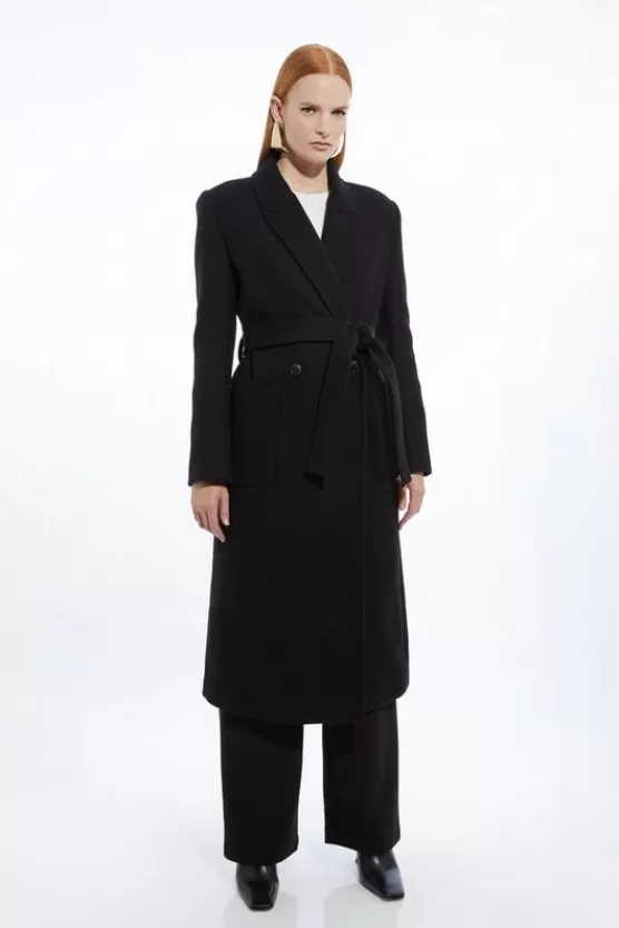 New Karen Millen Italian Manteco Wool Blend Wrap Belted Tailored Midi Coat black