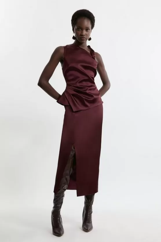 Shop Karen Millen Italian Satin Asymmetrical Tailored Fitted Maxi Dress merlot