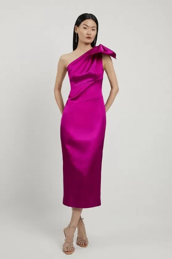 New Karen Millen Italian Satin One Shoulder Bow Detail Tailored Midi Dress purple