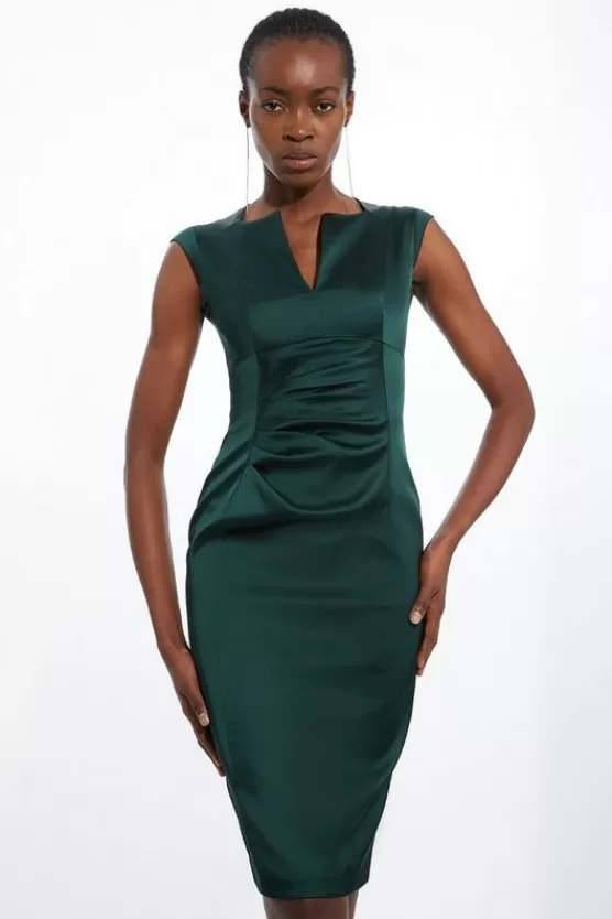 Sale Karen Millen Italian Satin Tailored Envelope Neck Pencil Midi Dress forest