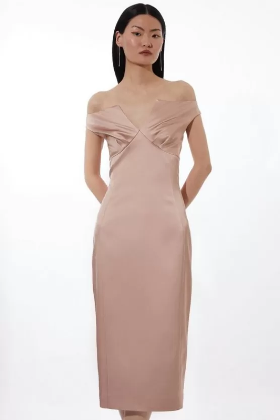 Clearance Karen Millen Italian Satin Tailored Off Shoulder Panelled Midi Dress champagne