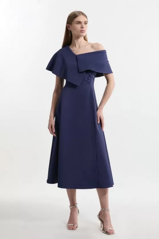 Clearance Karen Millen Italian Structured Rib Asymmetric Collar Tailored Full Skirt Maxi Dress navy