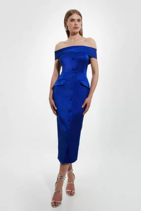 Shop Karen Millen Italian Structured Rib Off The Shoulder Button Through Tailored Midi Dress blue