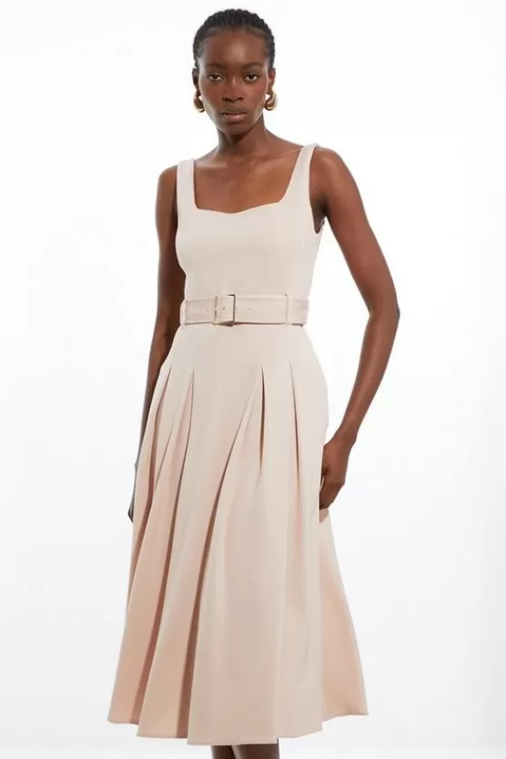 Hot Karen Millen Italian Structured Rib Tailored Square Neck Belted Midi Dress rose