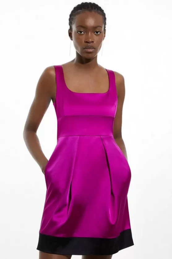 Store Karen Millen Italian Structured Satin Color Block Tailored Lantern Mini Dress purple