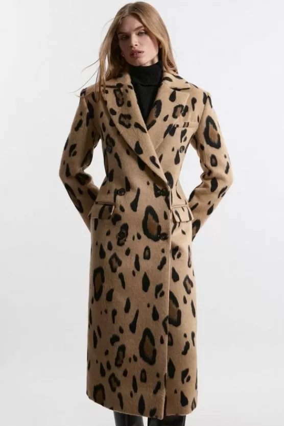 Best Karen Millen Italian Wool Blend Strong Shoulder Anti Fit Midi Coat leopard