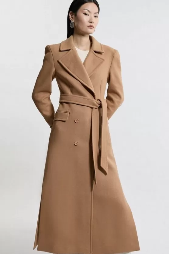 New Karen Millen Italian Wool Double Breasted Longline Tailored Midi Coat camel