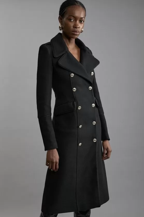 Sale Karen Millen Italian Wool Double Breasted Military Midi Coat black