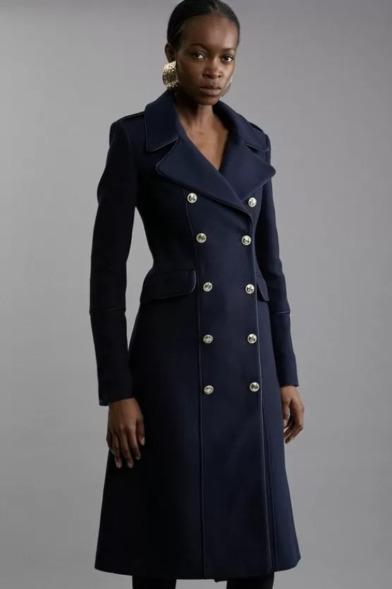 Best Karen Millen Italian Wool Double Breasted Military Midi Coat navy