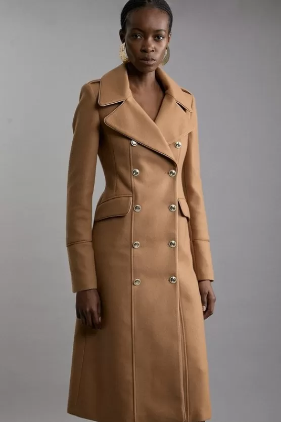 Shop Karen Millen Italian Wool Double Breasted Military Midi Coat camel