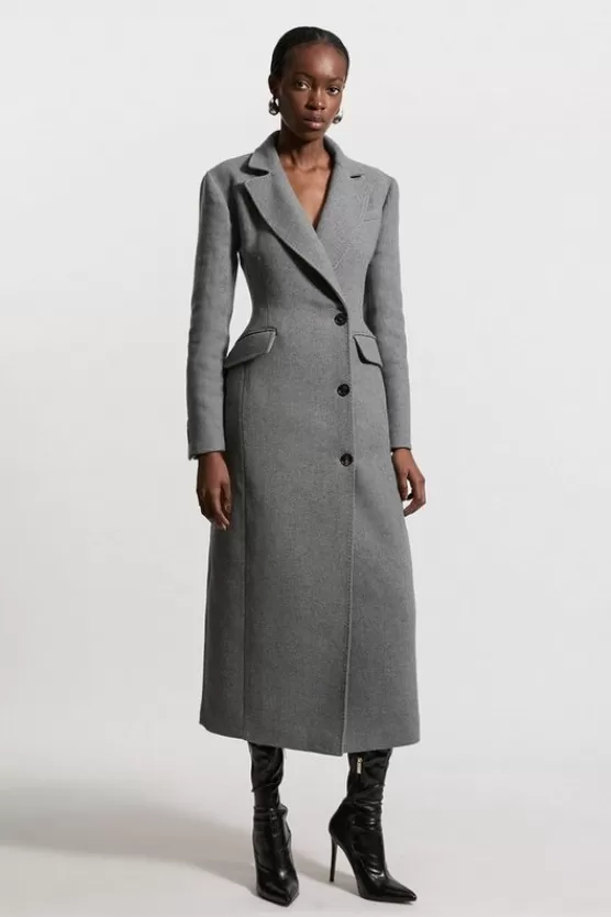 Sale Karen Millen Italian Wool Mix Tailored Fitted Maxi Coat grey