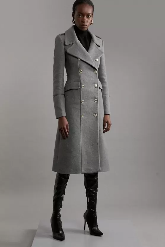 Clearance Karen Millen Italian Wool Mix Double Breasted Military Midi Coat grey