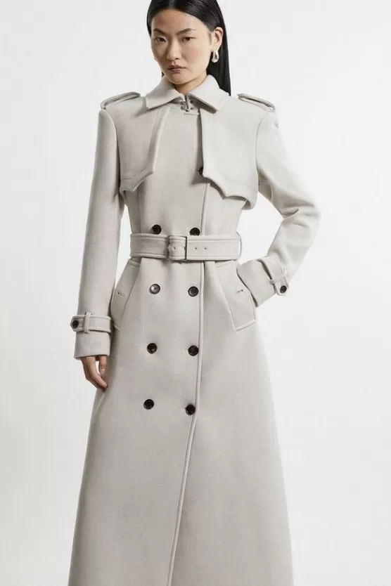 New Karen Millen Italian Wool Tailored Belted Trench Maxi Coat oatmeal