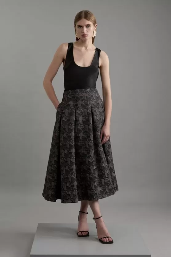 New Karen Millen Jacquard Tailored Prom Midi Skirt black