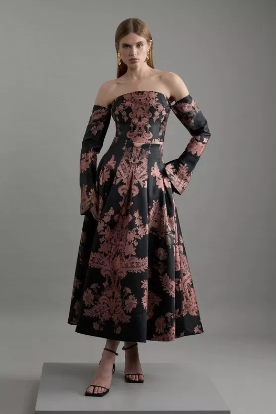 New Karen Millen Jacquard Woven Floral Maxi Skirt black