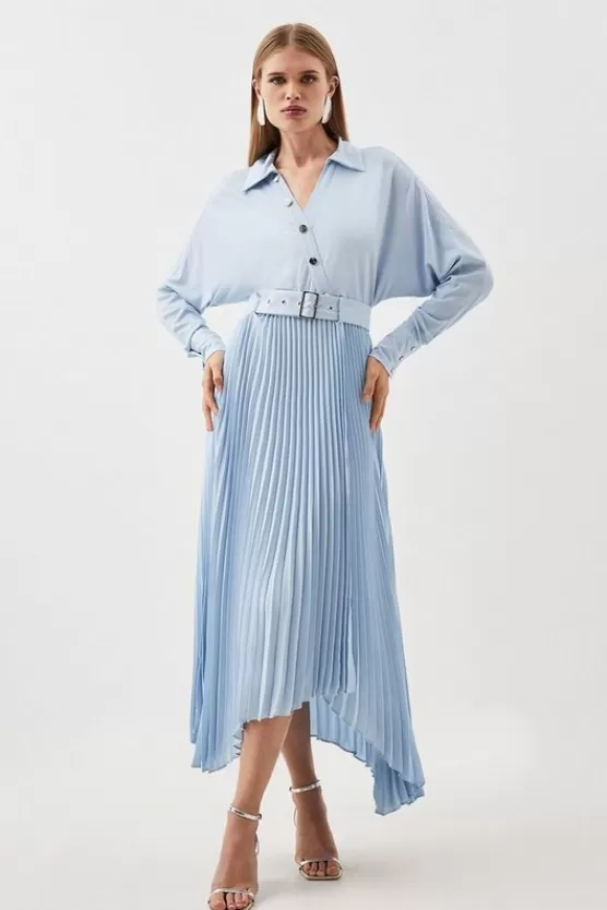 Cheap Karen Millen Jersey And Georgette Mix Belted Pleat Midi Dress blue