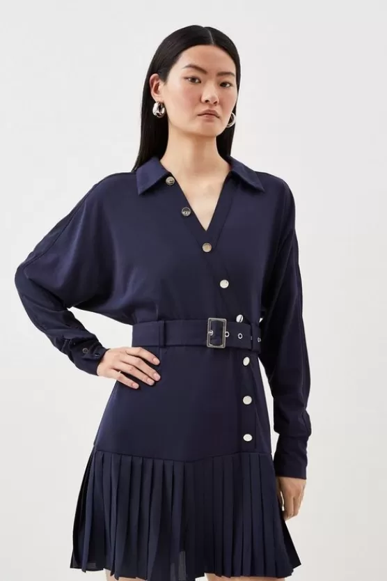 Best Sale Karen Millen Jersey And Georgette Mix Belted Pleat Mini Dress navy