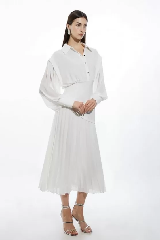 Hot Karen Millen Jersey And Georgette Mix Pleated Maxi Shirt Dress ivory