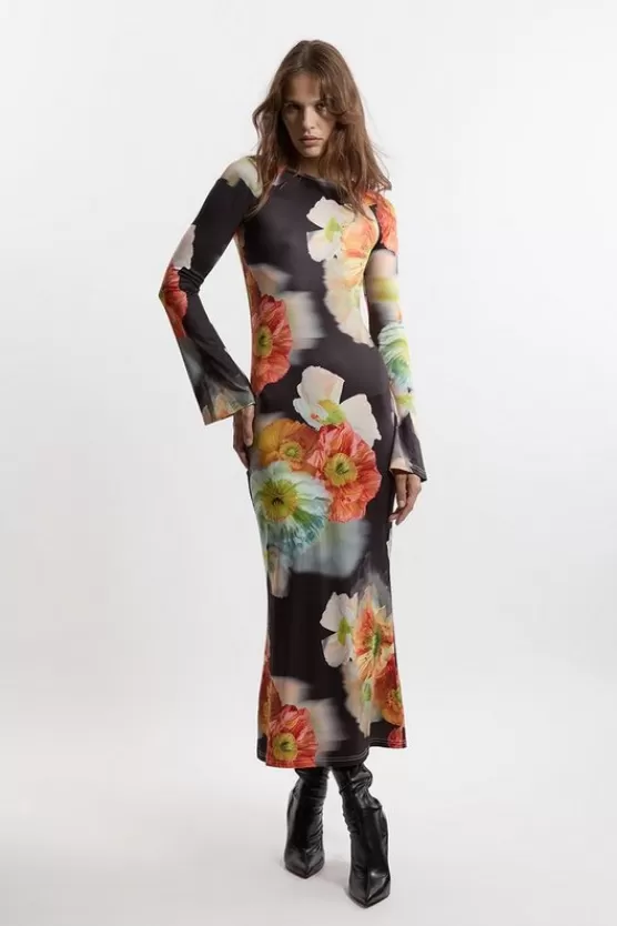 Best Sale Karen Millen Jersey Border Print Keyhole Long Sleeve Maxi Dress black