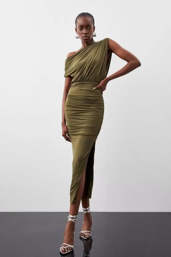 New Karen Millen Jersey Crepe Asymmetric Neckline Maxi Dress khaki