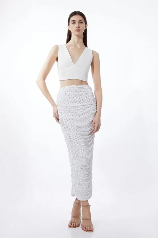 Shop Karen Millen Jersey Crepe Embellished Midi Skirt ivory
