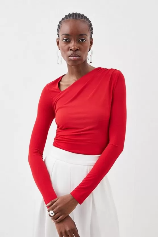 Best Karen Millen Jersey Crepe Long Sleeve Ruched Bodysuit red