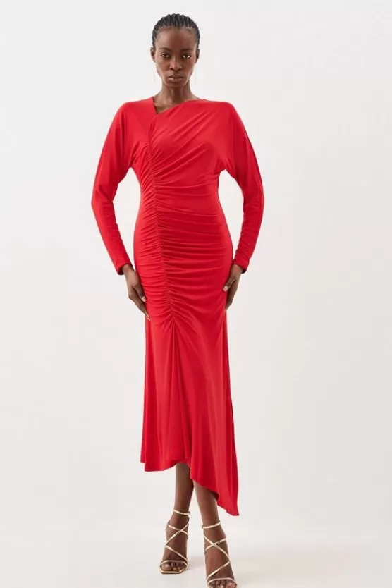 Best Sale Karen Millen Jersey Crepe Ruched Long Sleeve Midi Dress red