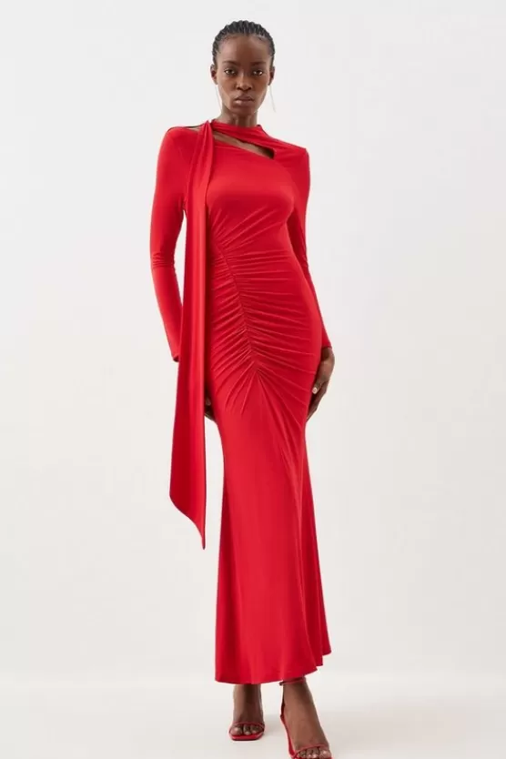 Sale Karen Millen Jersey Crepe Ruched Tie Long Sleeve Maxi Dress red