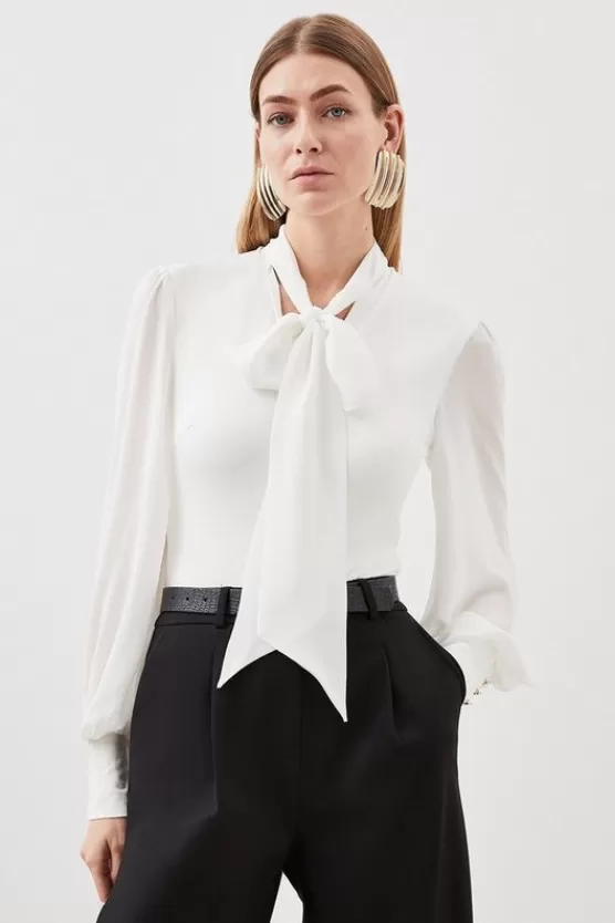 Shop Karen Millen Jersey Ponte Georgette Mix Bodysuit ivory