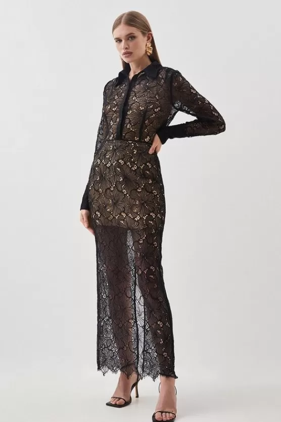 New Karen Millen Lace Woven Midi Skirt black