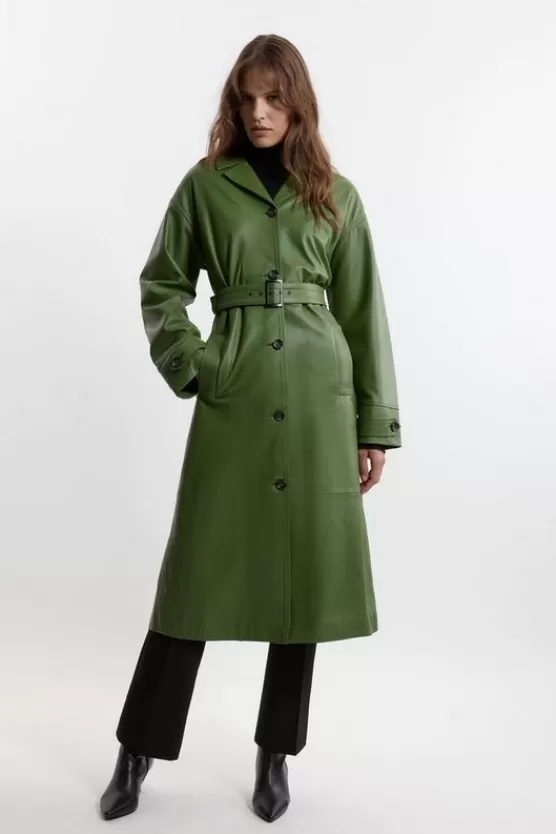 Outlet Karen Millen Leather Belted Clean Trench Coat olive