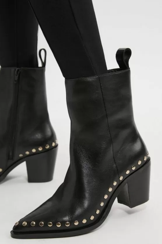 Clearance Karen Millen Leather Block Heel Stud Ankle Boot black