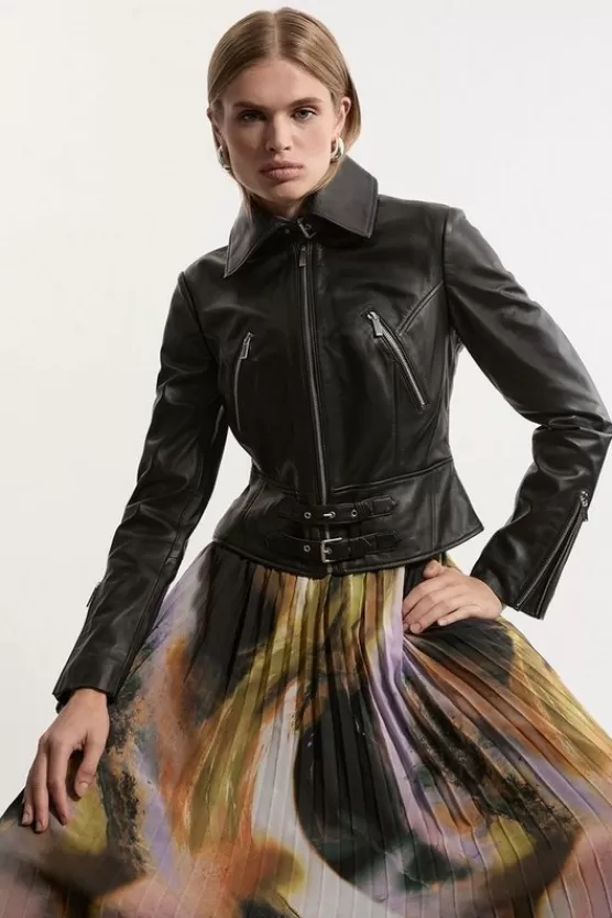 New Karen Millen Leather Buckle Detail Zip Through Moto Jacket black