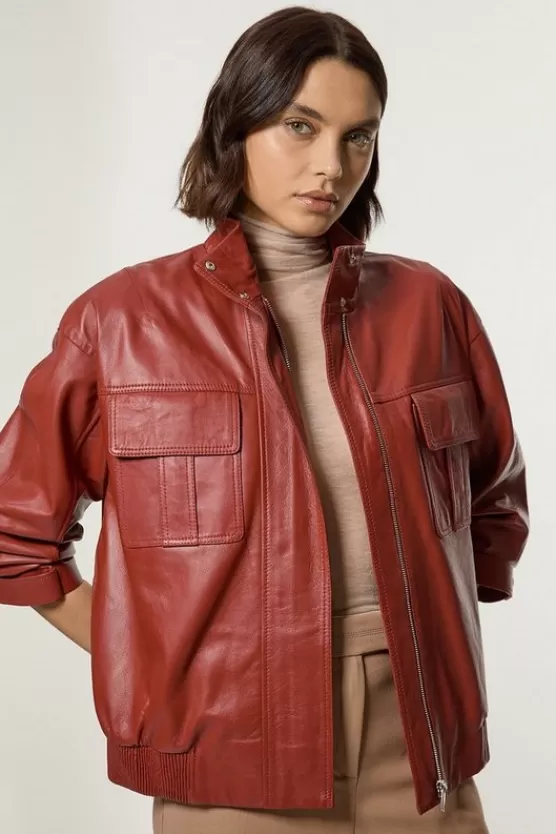 Online Karen Millen Leather Cargo Pocket Bomber Jacket tan