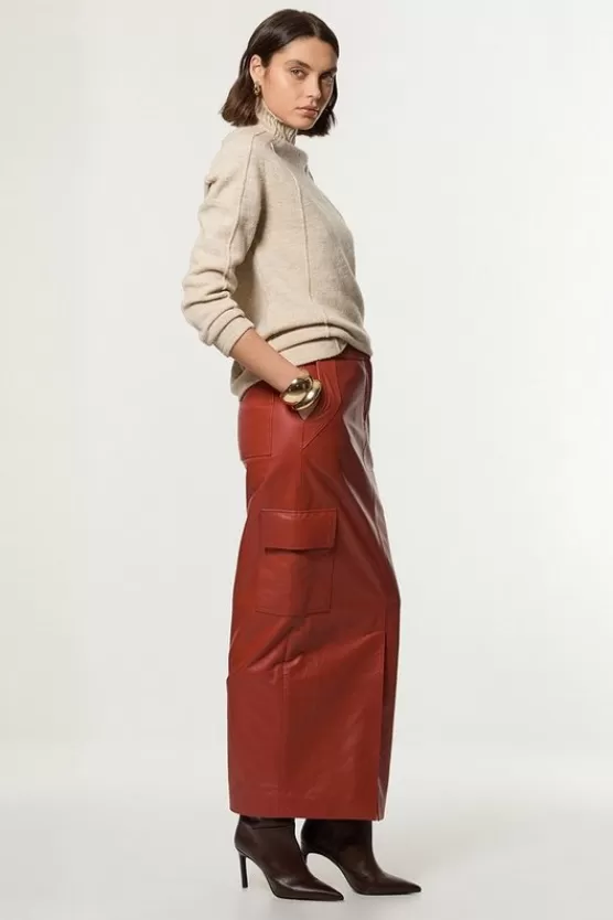 Shop Karen Millen Leather Cargo Pocket Maxi Tailored Skirt tan