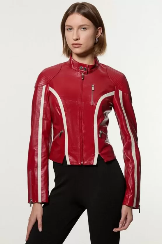 Hot Karen Millen Leather Color Block High Collar Motto Moto Jacket red