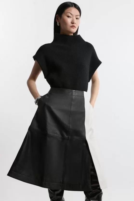 Cheap Karen Millen Leather Color Block Midi A-Line Skirt mono