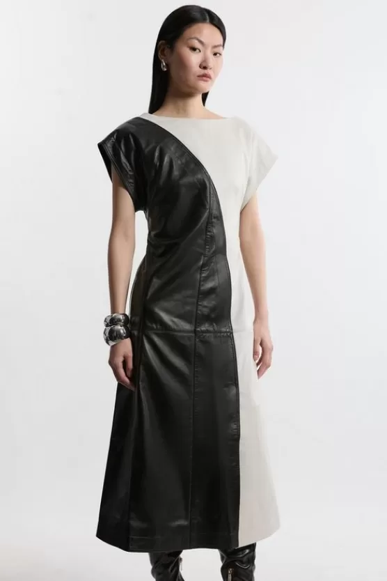 Outlet Karen Millen Leather Color Block Midi Dress mono