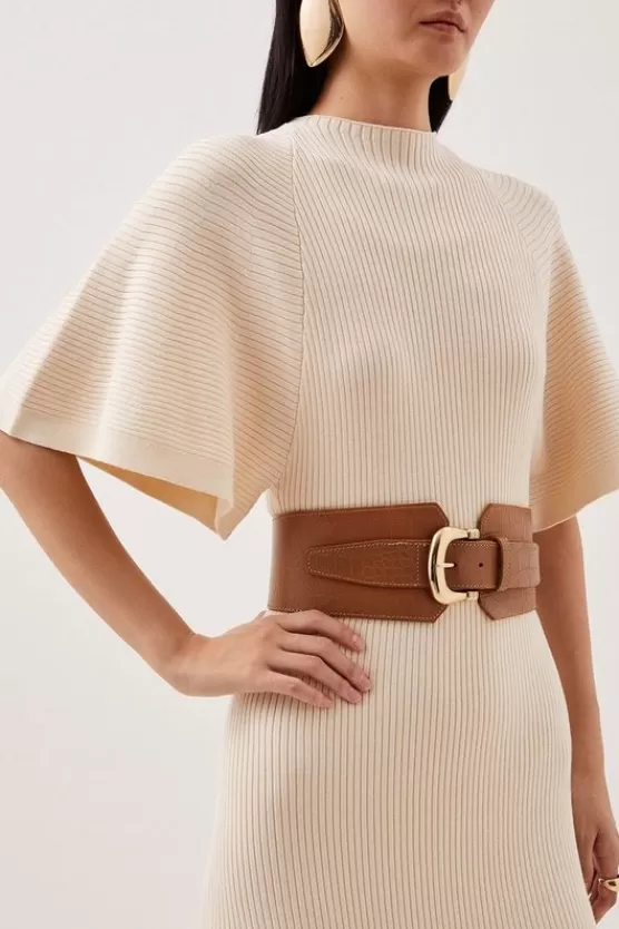 Online Karen Millen Leather Croc Wide Waist Belt tan