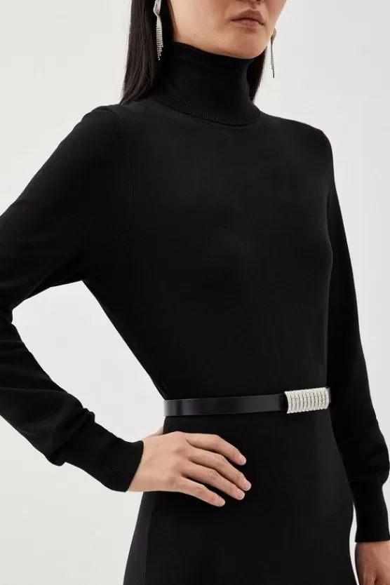 Fashion Karen Millen Leather Diamante Buckle Belt black