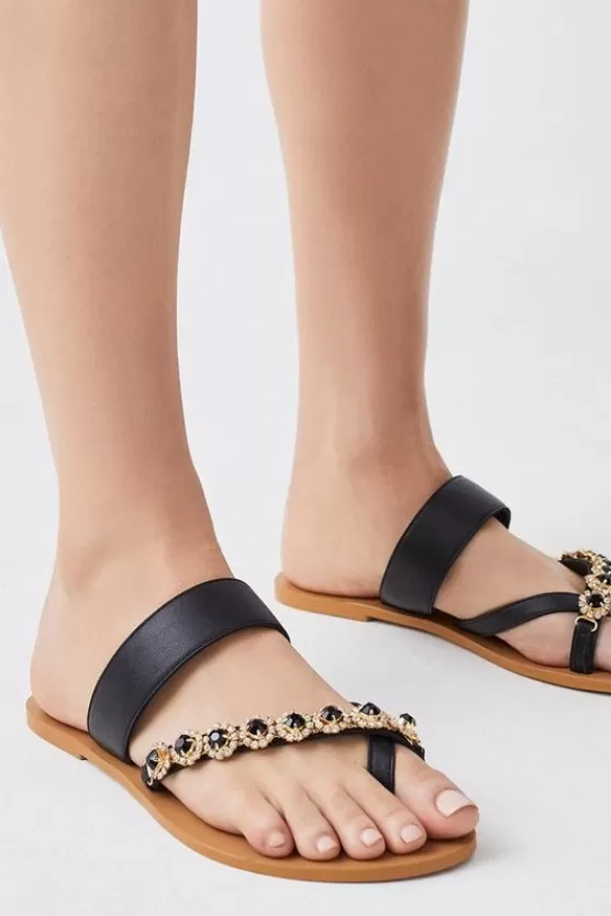 Shop Karen Millen Leather Diamante Toe Loop Sandal black